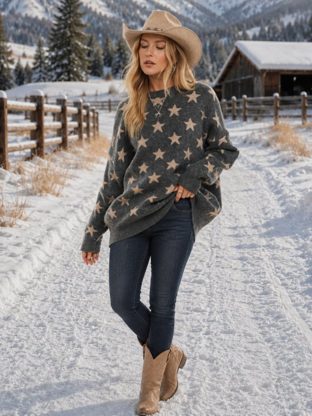NWT Adora Plus Size Luxe Soft Star Jacquard Sweater Gray Cream Cozy Oversized Kn - Picture 3 of 10